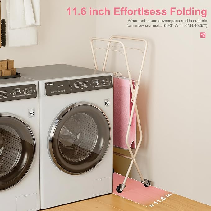 Convenient Laundry Basket with Wheels,36" High Easy Rolling Laundry Cart with Wheels,Heavy Duty Dirty Clothes Laundry Hamper with Handles Removable Bag for Seniors,Folding Metal Frame/Pink/98L