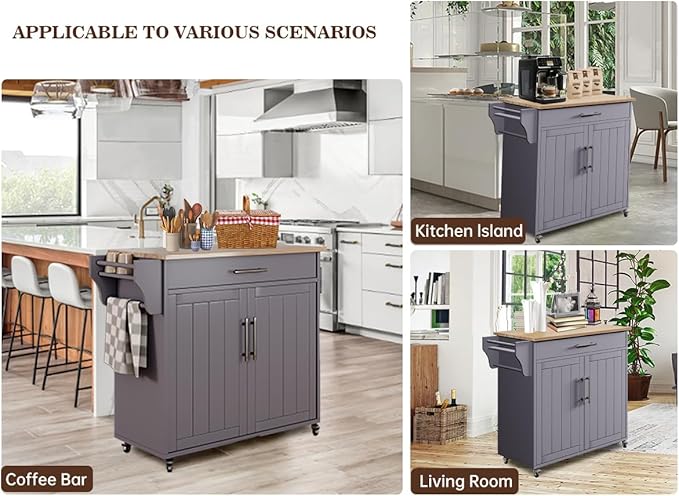 Kitchen Storage Island, Wooden Rolling Kitchen Island On Wheels with Countertop, Mobile Kitchen Island Cart with Towel Rack, Spice Rack and Drawers, Grey