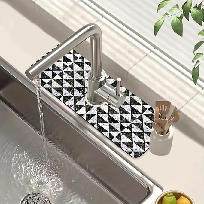 Granite Floor Tiles Sink Faucet Absorbing Mat Mosaic Texture Super Absorbent Fast Drying Mat Sink Gadgets Behind Faucet Sinkmat for Kitchen Bathroom, 15.5"x5.5"