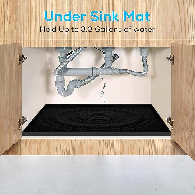 Under Sink Mat for Kitchen, Silicone Waterproof Liner, Flexible Organizer Tray with Drain Hole, 3.4 Gallons Capacity, Easy to Clean