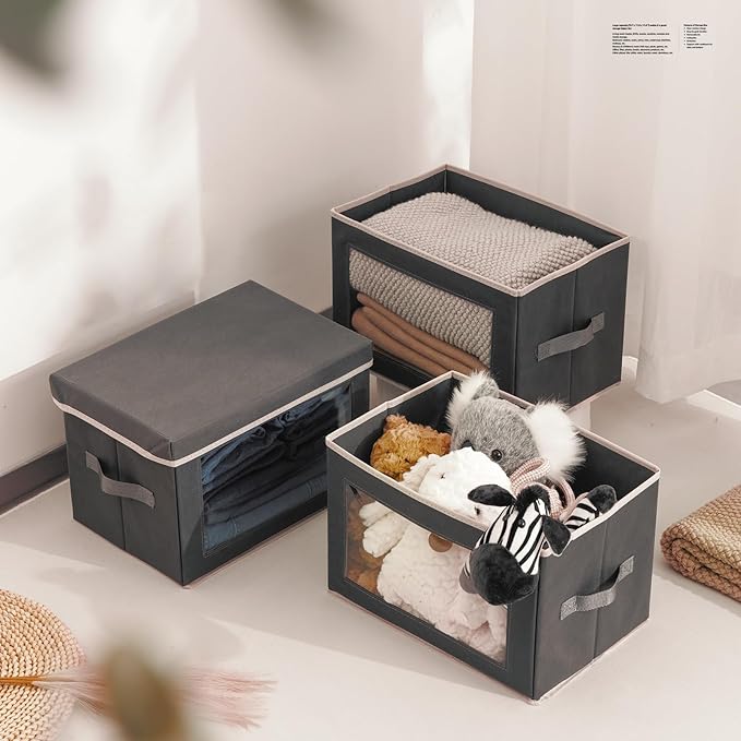 Stackable Storage Bins with Lids - Medium Storage Box with Lids, Foldable Closet Boxes for Organizing, Wardrobe Clothes Organizer with Window, Cubes Bins for Living Room, 5 Pack, Dark Grey
