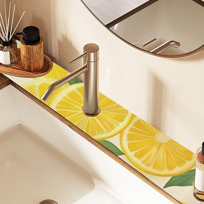 Yellow Dandelions and Summer Lemon Kitchen Sink Splash Guard Sink Faucet Mat Faucet Handle Drip Catcher Drain Mats for Kitchen Bathroom Countertop Absorbent Dish Drying Pad 2Pack 14.7x5.4IN