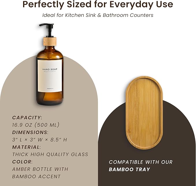 MaisoNovo Glass Hand Soap Dispenser | Dish Soap Dispenser for Kitchen | 16.9oz Amber Bottles with Black Bamboo Pump | Bathroom Lotion Dispenser