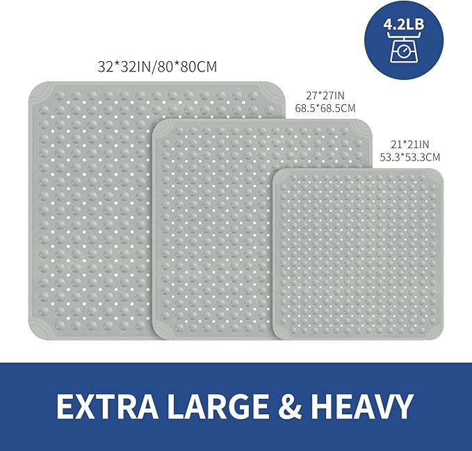 OTHWAY Square Shower Mat 32x32, TPE Non-Slip Shower Mats with Drain Holes and Suction Cups, Walk-in Mat for Inside Shower Stall, Anti-Slip for Elderly Kids (Dark Grey)