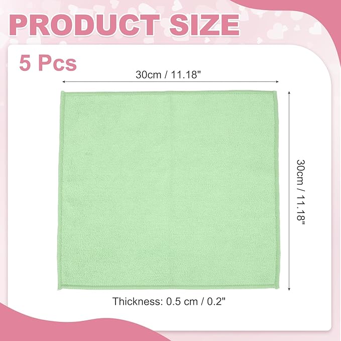 uxcell 5 Pcs Microfiber Cleaning Cloth, Kitchen Towels Reusable Microfiber Towels Highly Absorbent for Household Cleaning Supplies, Kitchen, Bathroom, Light Green(Square), 11.8" X11.8
