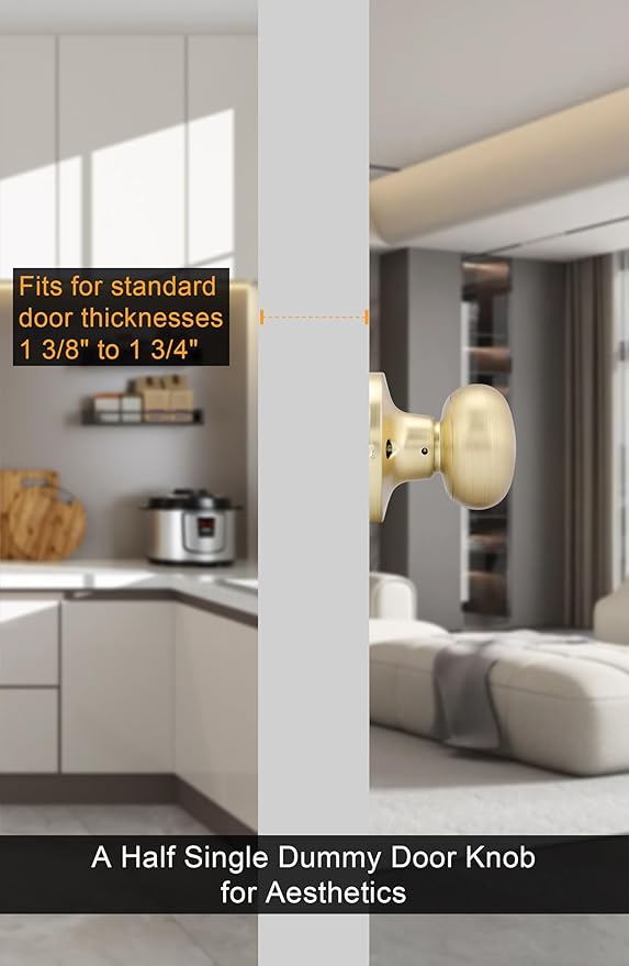 Goldenwarm Gold Closet Door Knobs, Handle Function Non-Locking Dummy Door Knob, Brushed Gold Individual Dummy Door Knob Single Side for Closets, French Double Doors, and Pantry(2 Pieces)