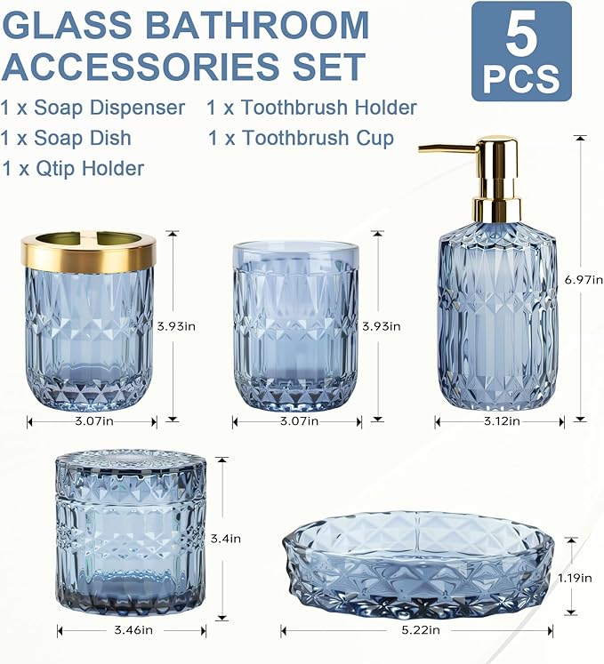 Blue Bathroom Accessories Set, 5Pack Clear Glass Bathroom Accessories, Includes Lotion Soap Dispenser, Toothbrush Holder, Qtip Holder and Soap Dish, Vintage Bathroom Decor