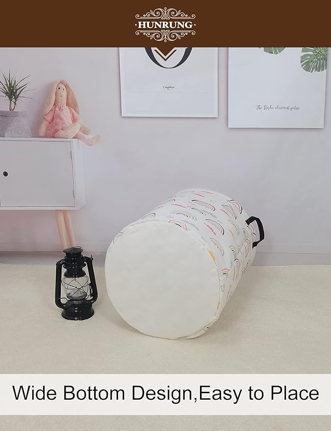 HUNRUNG Laundry Hamper,Large Canvas Fabric Lightweight Storage Basket Toy Organizer Dirty Clothes Collapsible Waterproof for College Dorms（Round-Rainbow）