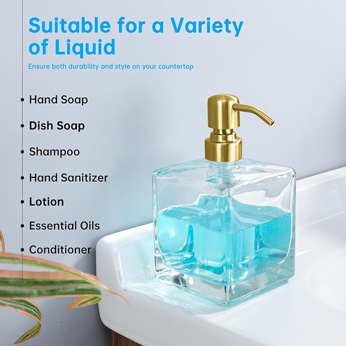 Square Bathroom Soap Dispenser Brushed Gold, 16 oz Glass Bottles with Stainless Steel Pump Retangle Cube Liquid Large Capacity Soap Dispenser Kitchen