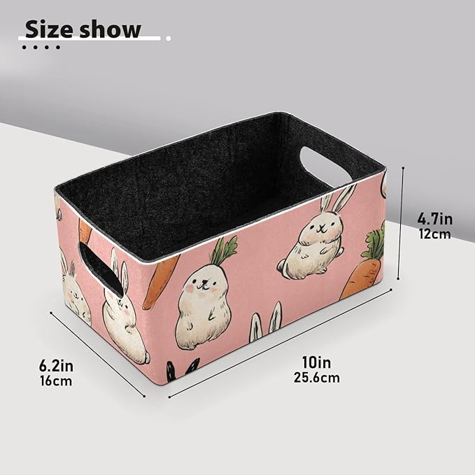 Pink Cute Rabbit and Carrots Closet Storage Bins 2 Pcs Felt Open Home Storage Containers Organizer with Handles Collapsible Shelf Basket for Home Office Craft Room Classroom Fabric