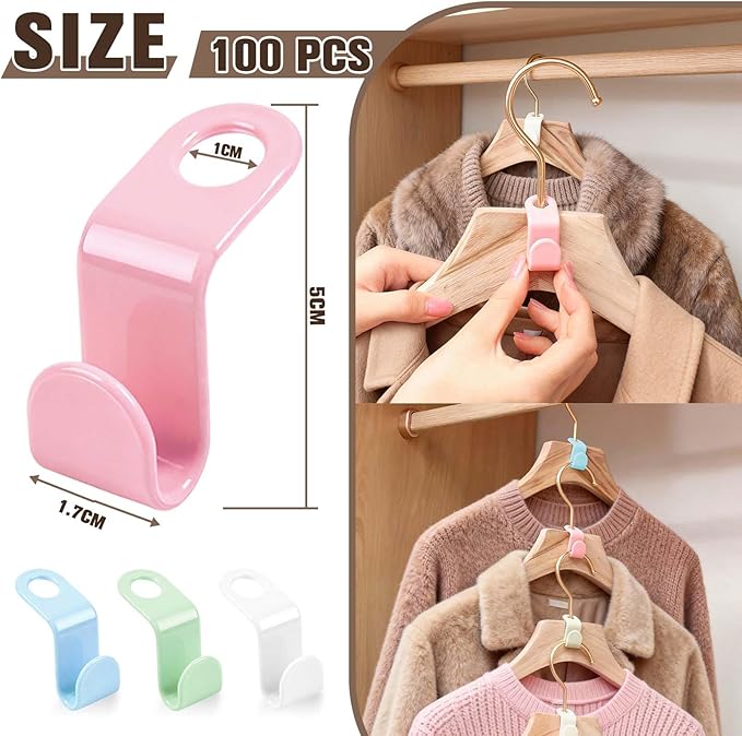 100PCS Hanger Connector Hooks Come with Storage Box, 4 Color Plastic Clothes Hanger Connector Hooks for Clothes Closet Hangers Space Saver Suitable for Dormitory, Rv Closets, Apartment
