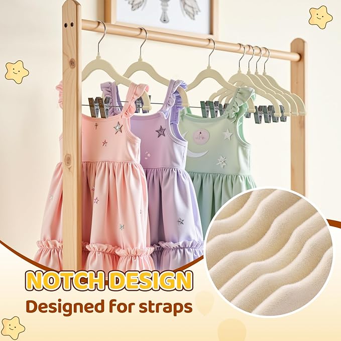 Flottian 36-Pack Baby and Kids Velvet Hangers with Clips, Non Slip and Space-Saving Kids Pants Hangers for Baby/Toddler Pants, Skirts, Coats, Beige