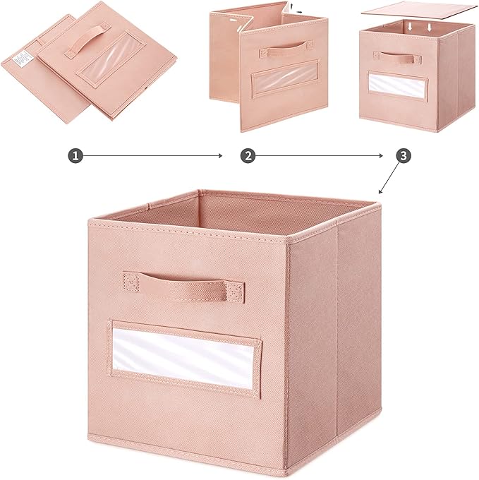 artsdi 11 Inch Storage Cube,Storage bin,cube storage (Set of 10) Foldable Fabric Cube Storage Bins with 10 Labels Window Cards & a Pen,Baskets Containers for Shelves,Closet Organizers Box,Pink