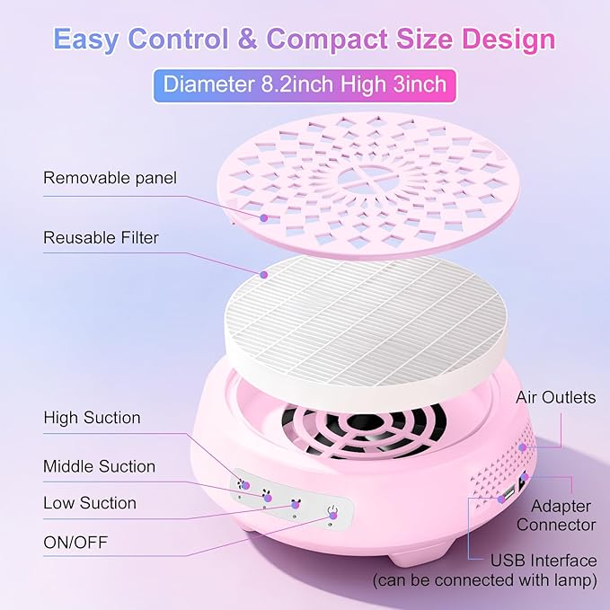 Professional Nail Dust Collector, Quiet Nail Vacuum Cleaner Machine with Reusable Filter, Powerful Suction Nail Tech Dust Fan for Acrylic Gel Nails Art Polishing, Manicure Pedicure Salon Home, Pink