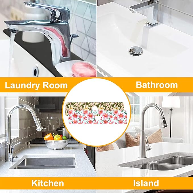 2 Pack Vintage Flowers Leaves Sink Faucet Absorbing Mat Colorful Llilies Super Absorbent Fast Drying Mat Sink Gadgets Behind Faucet Sinkmat for Kitchen Bathroom, 23.5"x5.5"