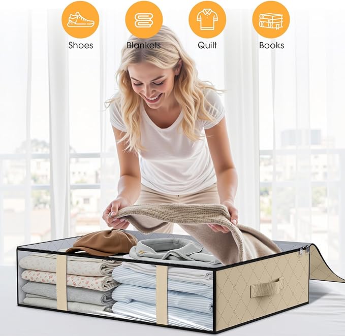 StorageRight Under Bed Storage Bins, 6-Pack 40L Foldable Fabric Storage Bags with Transparent Window, Breathable Organizer for Clothes/Blanket/Comforter/Quilts,Beige