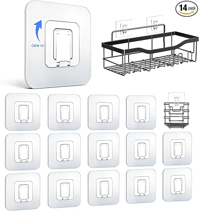 EJGIEGSO Shower Caddy Adhesive Replacement Hooks, Heavy Duty Waterproof Strips, No Drilling for Bathroom Shelves, Kitchen Racks, and Soap Holders (Transparent-14 Pack 1 Hook)