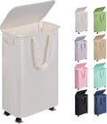 Slim Laundry Hamper with Lid and Wheels, Small Rolling Laundry Basket with Handle for Small Spaces, Tall Dirty Clothes Hampers for Dorm, Bathroom and Bedroom, 55L, Beige