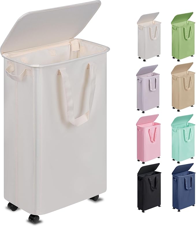 Slim Laundry Hamper with Lid and Wheels, Small Rolling Laundry Basket with Handle for Small Spaces, Tall Dirty Clothes Hampers for Dorm, Bathroom and Bedroom, 55L, Beige