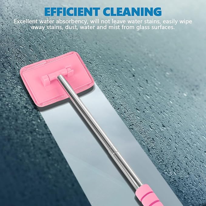 Car Windshield Cleaning Tool, Car Windshield Window Cleaner, Auto Glass Wiper Tool with Extendable Handle & Reusable Microfiber Pad, Universal Vehicle Cleaning Car Accessories (Pink)