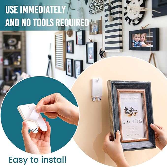 TAILI Picture Hangers 8 Pcs, Damage Free Picture Hangers for Walls，Adhesive Picture Hanging Hooks Without Nails，Art Hanger for Bathroom Kitchen Home Door Closet, Inclue 2 Extra Strips