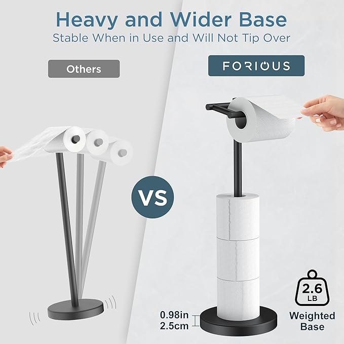 Toilet Paper Holder Stand Adjustable, Freestanding Tissue Roll Holder for Bathroom, Pivoting Design, Durable SUS 304 Stainless Steel and Weighted Base Toilet Paper Stand, Storage, Matte Black