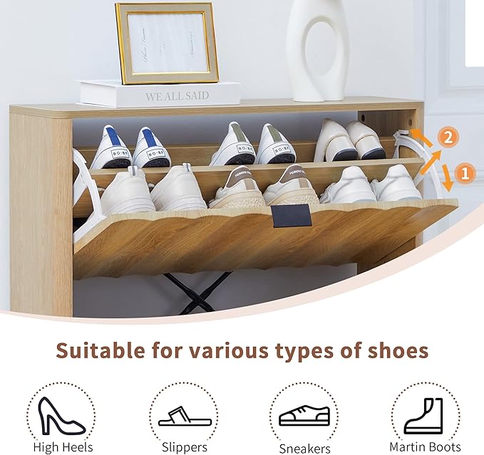Bifins 31.5” Fluted Shoe Cabinet Storage with 2 Flip Drawers,Narrow Freestanding Shoe Storage Organizer,Slim Shoe Rack Cabinet for Entryway,Hallway (Natural)