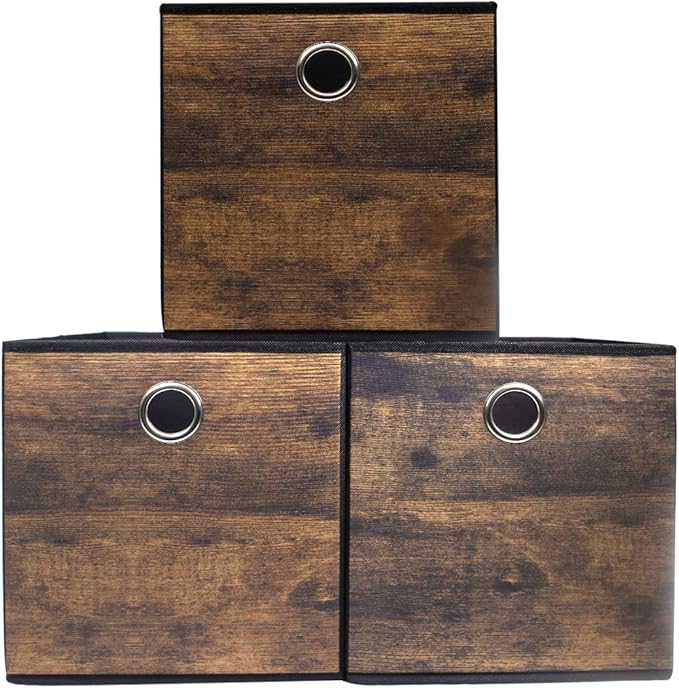 Thickened Fabric Storage Bins with Wood Grain,Foldable Storage Cubes Decorative Boxes,Sturdy Cube Organizer Basket for Shelves,Closet,Home,Office, Nursery,Dorm,Brown with Black,3 Pack (10.2x10.2x11in)