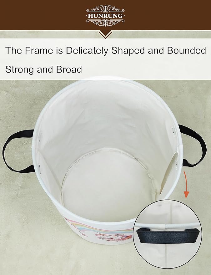 HUNRUNG Laundry Hamper,Large Canvas Fabric Lightweight Storage Basket Toy Organizer Dirty Clothes Collapsible Waterproof for College Dorms（Round-Rainbow Unicorn）