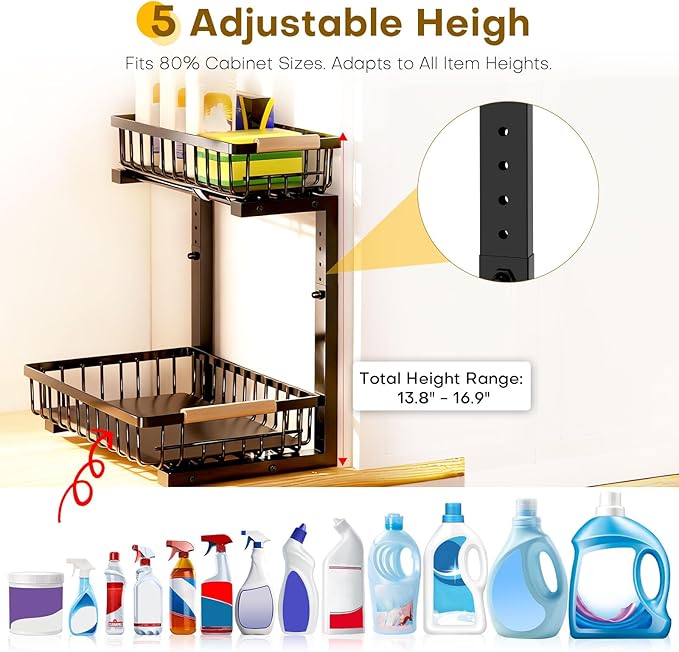 Under Sink Organizer, Heavy-Duty & Rust-Resistant Carbon Steel Metal, 2 Tier Pull Out Under Bathroom Sink Storage, Adjustable Height (13.8" -16.9"), Organizer for Kitchen Cabinet(2PCS,Black)
