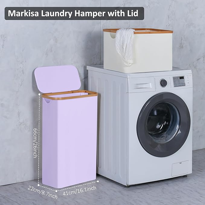 Slim Laundry Basket,60L Laundry Hamper with Lid, Tall Hamper for Laundry,Dirty Cloth Hamper with Bamboo Handle for Toys,Towels, Clothes Organizing,Purple