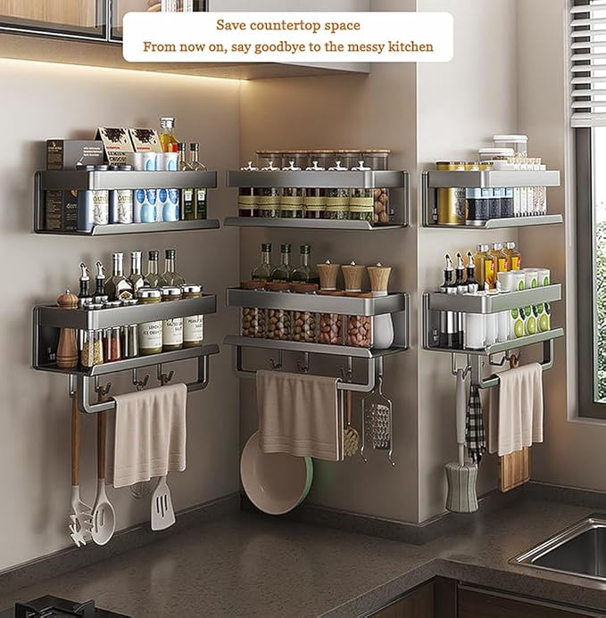 Wall mount Carbon steel Kitchen utensils seasoning spice storage rack, oil salt, sauce vinegar condiment storage rack, Bathroom toiletries organizer with mobile hooks (1 Pack (with bar and hooks))
