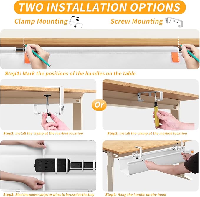No Drill Under Desk Cable Management Tray, 48" Cord Organizer with Clamp, Fabric Cable Management for Standing Desks, Ideal for Home & Office - White