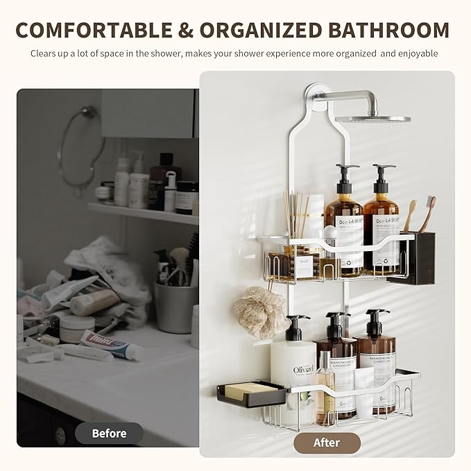 Shower Caddy Hanging 2-Tier Bathroom Organizer for Tall Showerhead with Soap Dish and Toothbrush Holder,Rustproof Over Shower Head Rack,Silver