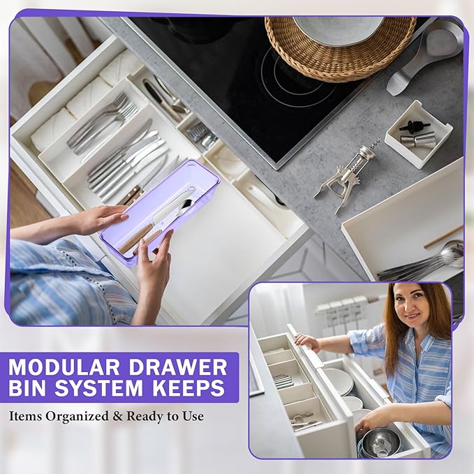 Maitys 12 Pcs Clear Drawer Organizer 9 x 3 x 2 Inches Plastic Rectangle Trays Makeup Vanity Storage Bins and Kitchen Drawers Dividers for Office Desk Silverware Kitchen Utensils(Purple)