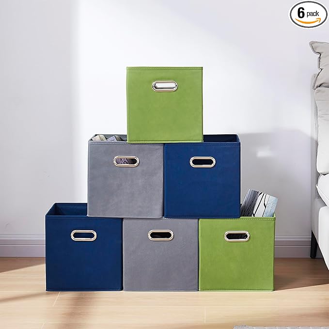 11 Inch Fabric Collapsible Storage Cubes,6 Pack Colored Closet Storage Bins with Metal Handles Foldable Cube Baskets for Organizing Clothes, Toys, Books（Green, Gray, Dark Blue）