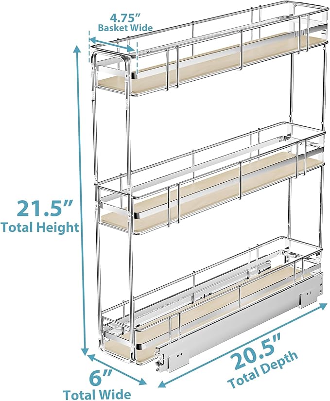 Pull Out Spice Rack Cabinet Organizer 6" W x 20½" D, 3 Tier Heavy Duty Slide Out Wood Shelf for Narrow Cabinet, Pull Out Storage for Kitchen