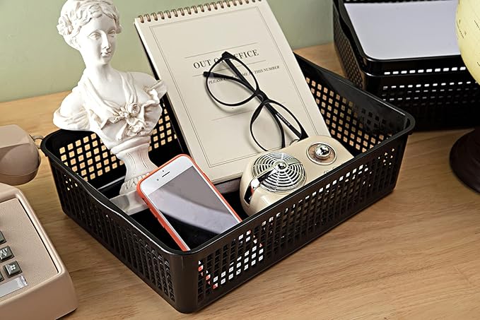 A4 Size Plastic Storage Basket,Desktop File Paper Letter Organizer Tray, 6-Packs (White+Black)
