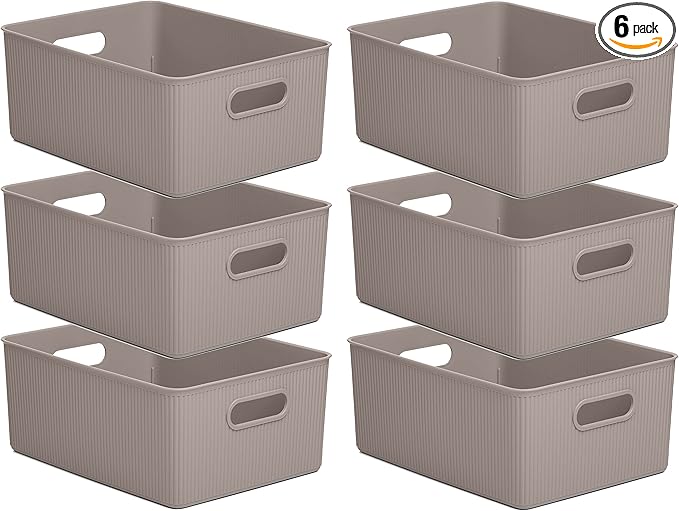 Decorative Plastic Basket Open Home Storage Bins Organizer, Large Taupe (6 Pack) Container Boxes for Organizing Closet Storage Bins for Shelves Drawer Shelf - Ribbed Collection 15 Liter/16 Quart