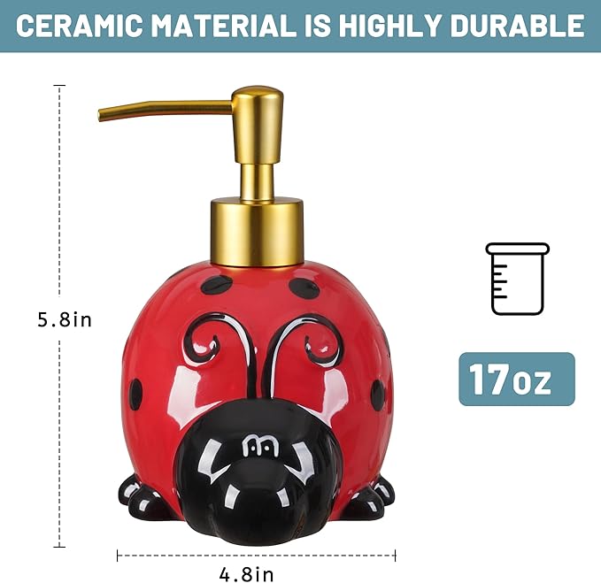 17 OZ Ladybug Ceramic Soap Dispenser with ABS Pump,Refillable Liquid Bathroom soap Dispenser for Lotion ,Body Wash ,Cute Kitchen Soap Dispenser for Dish Soap,Hand Soap