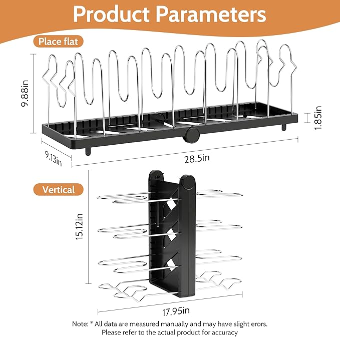 CEHNCEH Pots and Pans Organizer under Cabinet for Cabinet and Countertop Longest 28.5 in Foldable Adjustable 8-Tier Pan Organizer Rack Perfect to Store Pots, Kitchen Cabinet Organizer (Black)