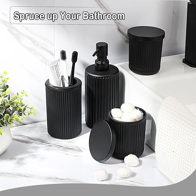 Matte Black Bathroom Accessories Set, 4 Pcs Glass Bathroom Accessory Set, Soap Dispenser, Toothbrush Holder, Qtip Holder Set, Bathroom Sets Complete, Bathroom Sink Set for Modern Home Decor
