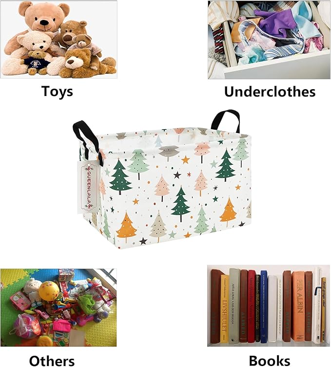 QUEENLALA Rectangular Laundry Hamper/Foldable Nursery Laundry Basket for Organizing/Storage Bin Baskets/Children Toy Office Bedroom/Toy Bin Closet Shelf Baskets（Rec-Pine tree）