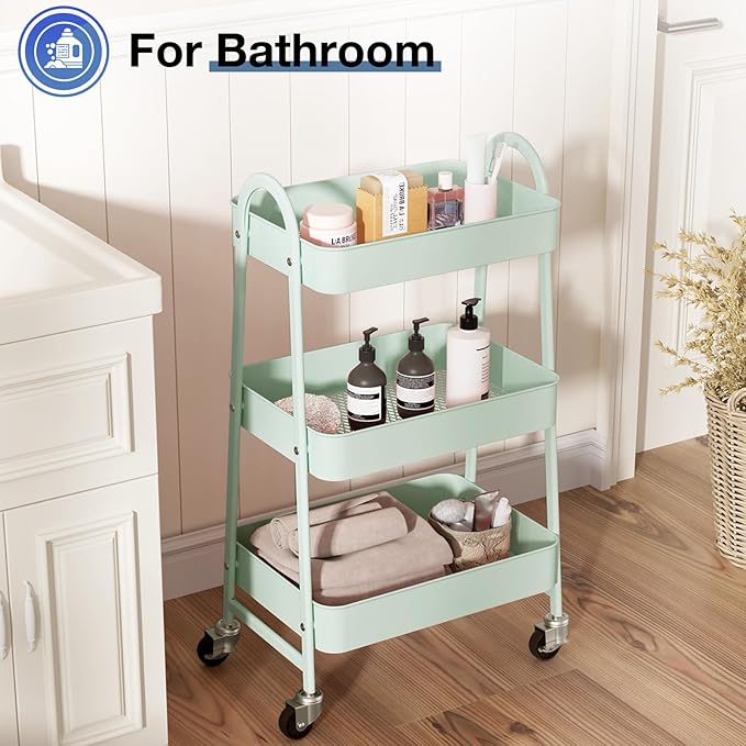 OLIXIS 3 Tier Utility Rolling Cart with Lockable Caster Wheels, Metal Mobile Storage Shelf, Organization for Livingroom, Bathroom & Narrow Places, Pale Green