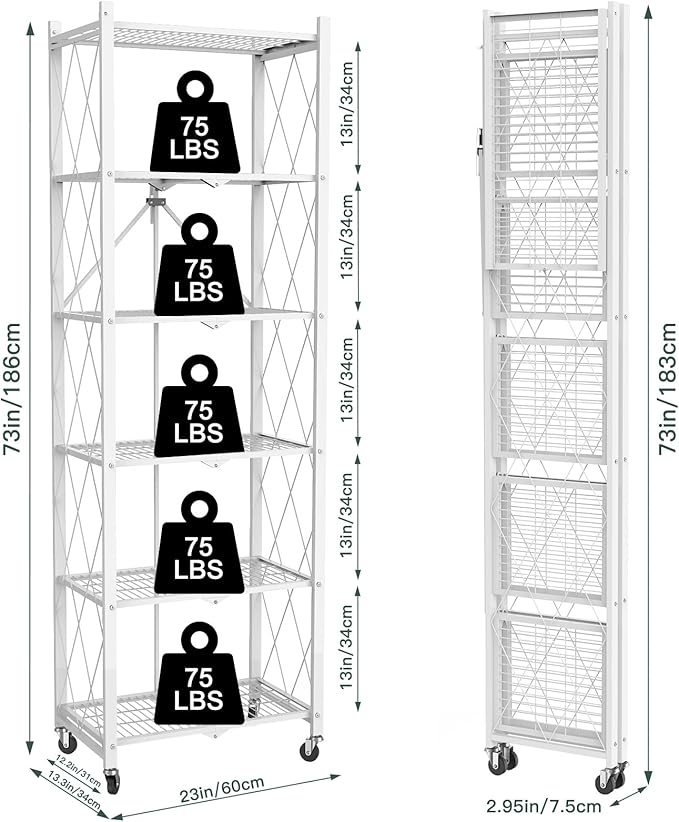 6 Tier Foldable Metal Storage Shelf with Wheels, 600 LBS Heavy Duty Collapsible Wire Shelving Unit, Rolling Utility Rack Cube Bookshelf for Kitchen Pantry Office Garage, 73" x 14" x 23" White