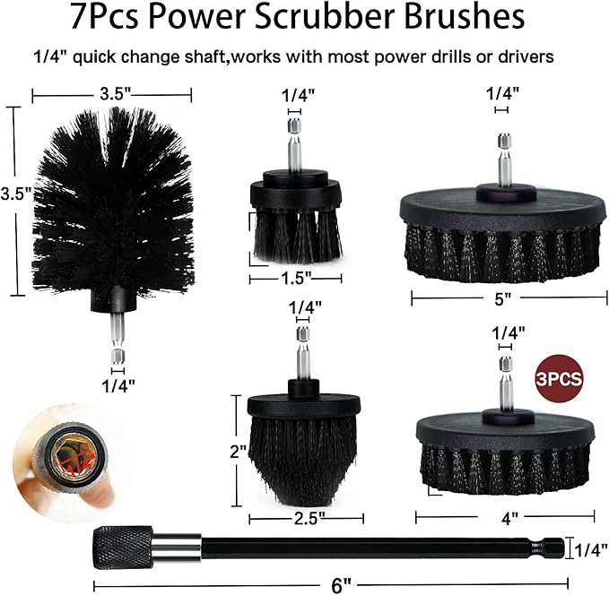 Drill Brush Attachment Set, 7 Pack 1/4in Power Scrubber Brush + Extend Long Rod, Brush Drill Attachment, Power Cleaning Scrub Brush for Bathroom, Tub, Tile, Corner, Floor（Black）