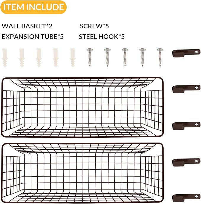 2 Sets Extra Large Hanging Wall Basket, Brown Metal Wire Baskets with Steel Hooks for Organizing, WallmountedFruit Vegetable Toy Snack Storage, Home Kitchen Bathroom Laundry Pantry Organizer