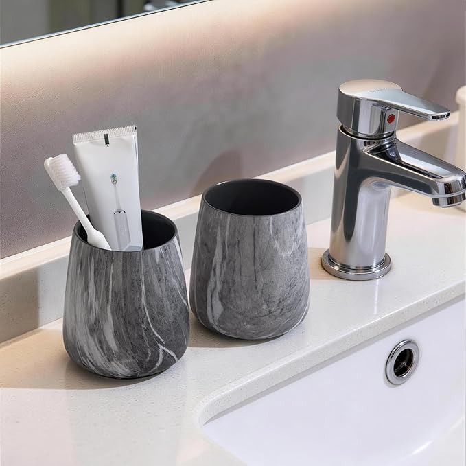 Marble Grey Toothbrush Holder for Bathroom - Ceramic Tooth Brushing Holders, Toothbrush Cup, Toothpaste Organizer for Bathroom Countertop, Makeup Brush Holder, Pen Holder for Home Desktop Storage