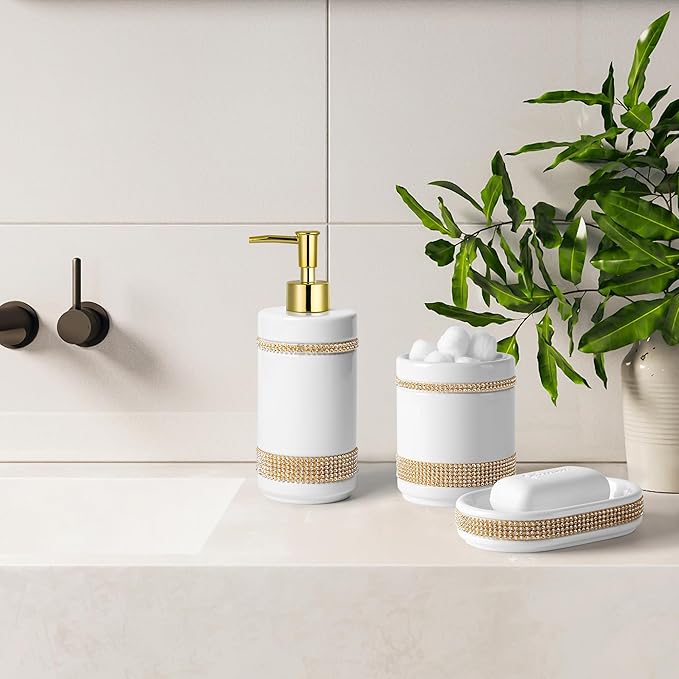 Bathroom Accessories Set with Diamonds 5 Pieces Toothbrush Holder Soap Dispenser Ceramic Bathroom Accessory Set Contain Cotton Swab Jar Toothbrush Cup Soap Dish Tumbler