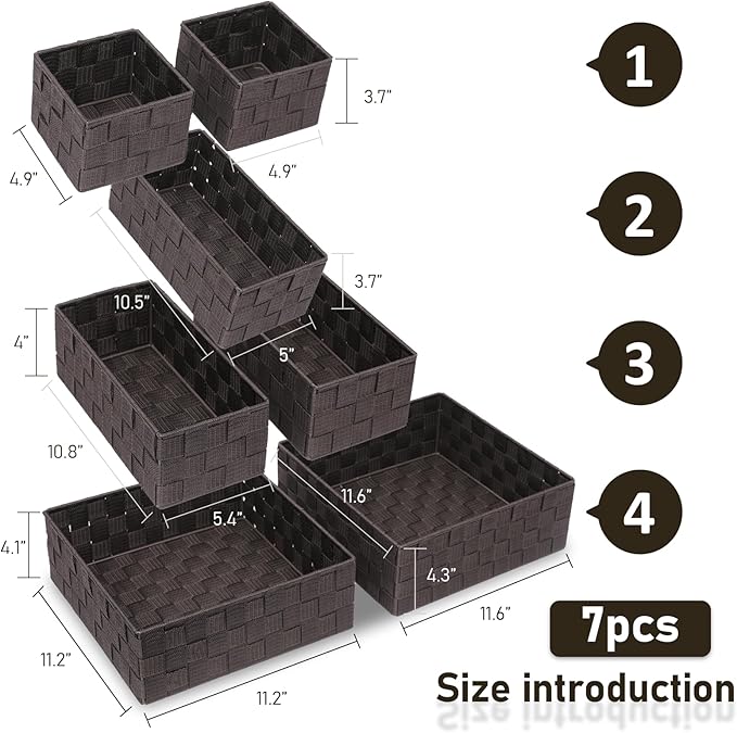 Storage Bins Woven Organizer Set of 7 – Polypropylene Storage Baskets with Metal Frame, Stackable Fabric Boxes for Drawers, Closet, Shelf, Nursery and Office, Brown